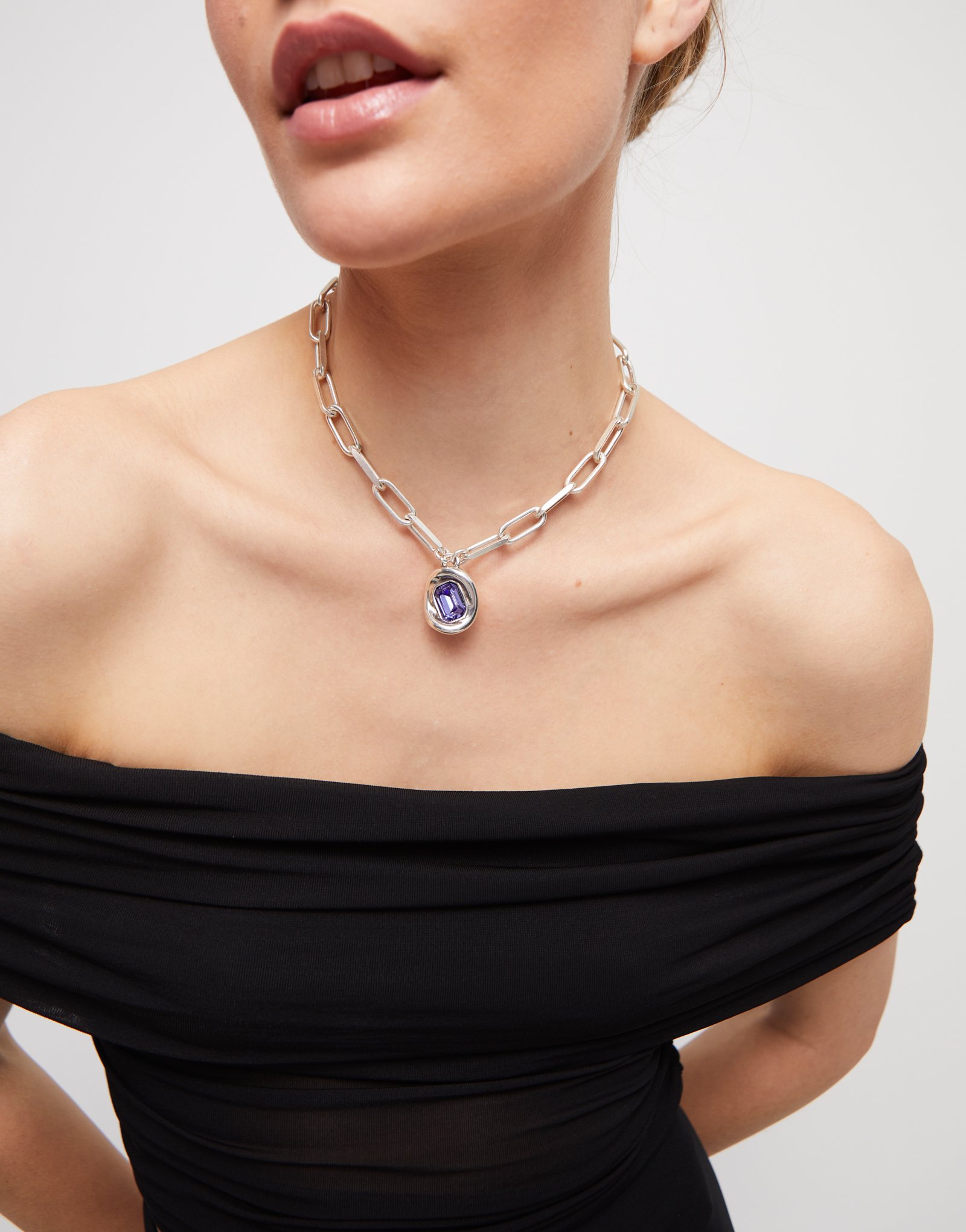 Catenina placcata argento sterling con maglie e cristallo viola, Argent, large thumbnail